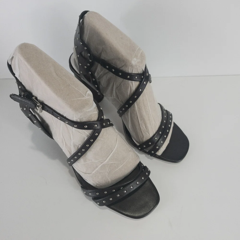 Rebecca Minkoff Adeleine Studded Crisscross Block Heel Sandals Black -7.5 - Picture 3 of 4